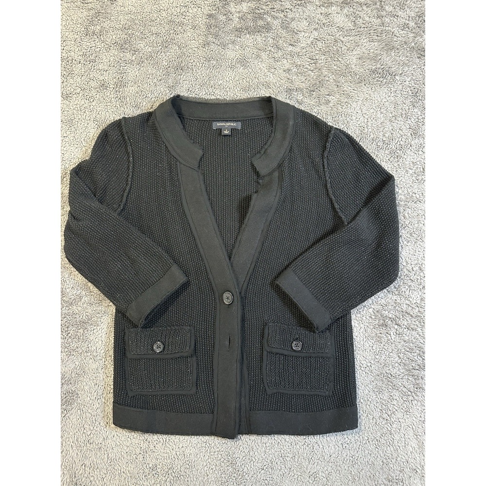BANANA REPUBLIC Knit 100% Cotton Cardigan Sz S Black Shimmer Buttons & Pockets